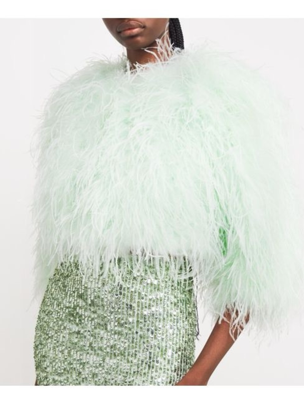Alice + Olivia KIDMAN FEATHERED JACKET SIZE L LIGTH GREEN Feather Crop Top - Picture 6 of 11